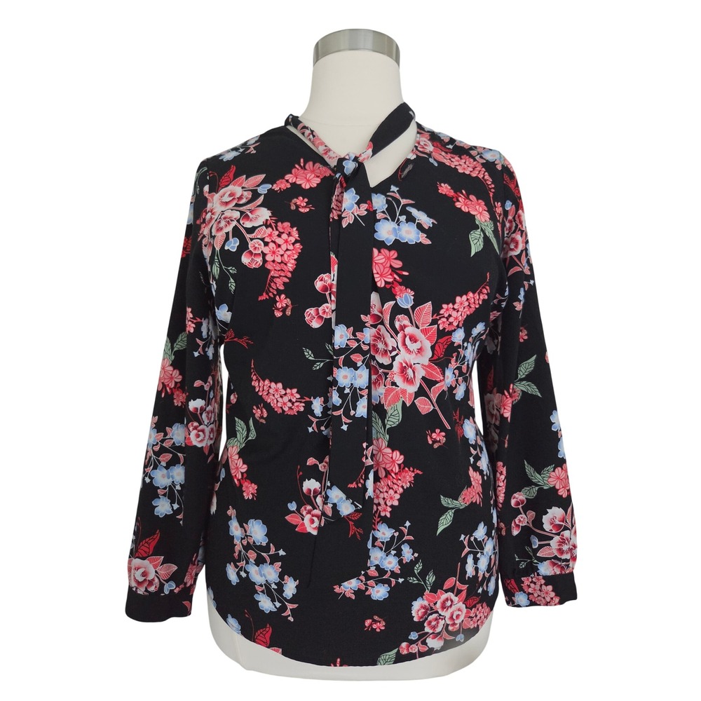 Lane Bryant Floral Tie Neck Blouse Black Pink Blue Long Sleeve‎ Top 18/20